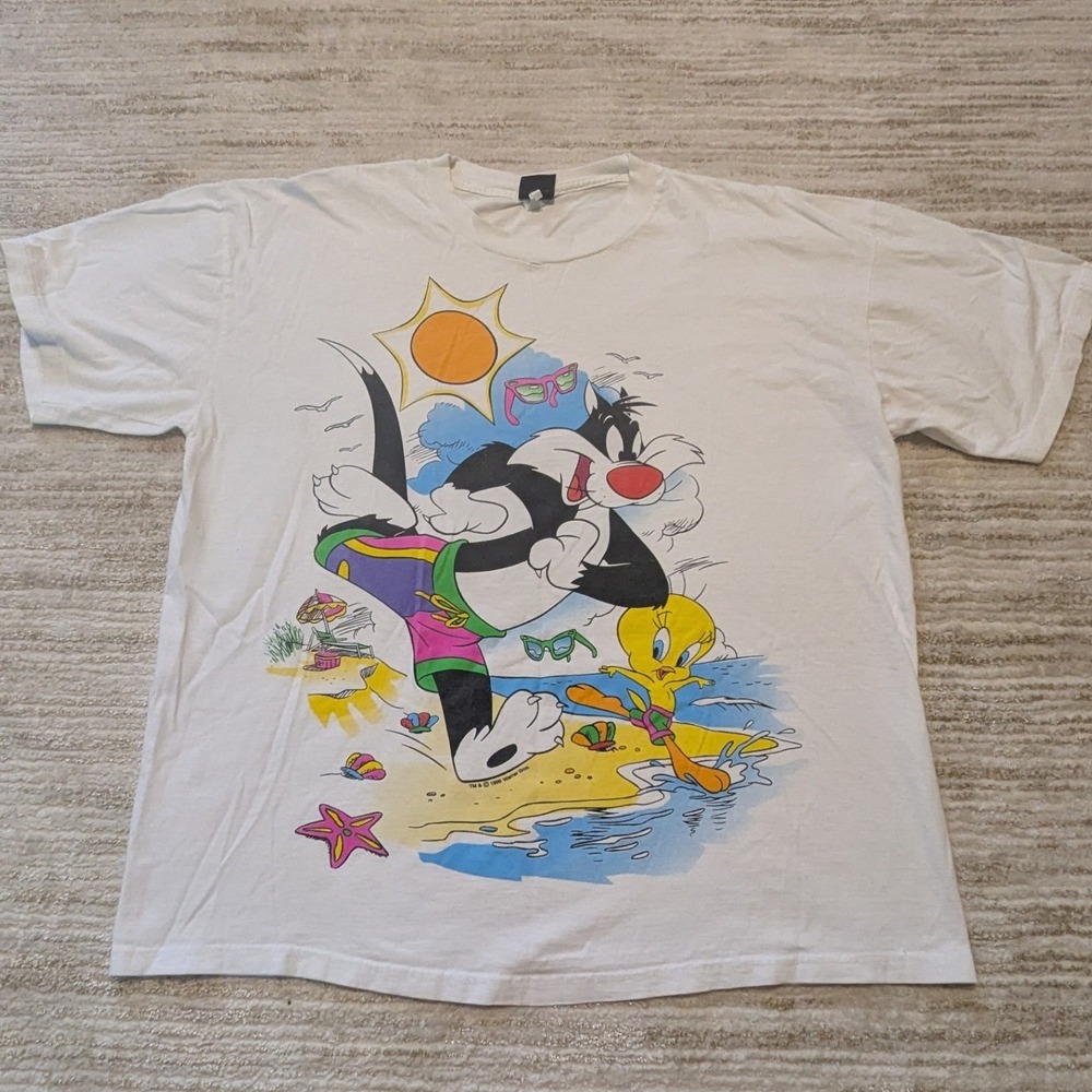 Looney Tunes T Shirt Mens Sz XL White 1996 Sylvester Tweety Vintage 90s Cartoon